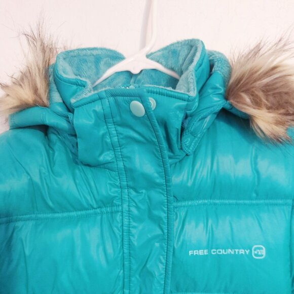 Free Country Girls 14 Ultra Light Down Teal Parka Jacket Removable Faux Fur Hood - Picture 3 of 6